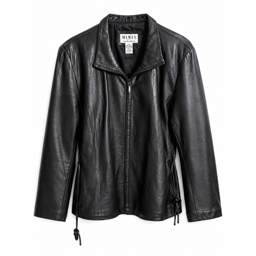 Mixit Genuine Lambskin Leather Jacket Black XL Y2K Fitted Zip Front